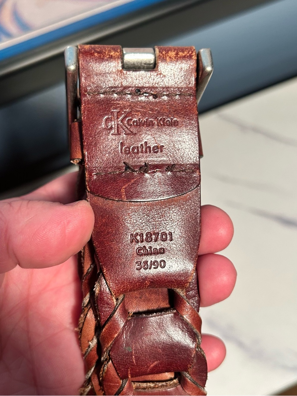 Calvin Klein Woven Brown Leather Belt with Brushed Silver Buckle - Picture 2 of 13
